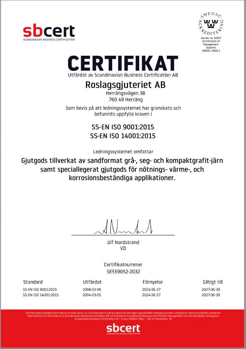 Certifikat Roslagsgjuteriet -  2027-06-30