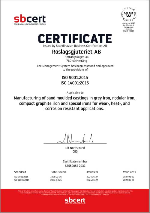 Certificate ISO  - Roslagsgjuteriet 2027